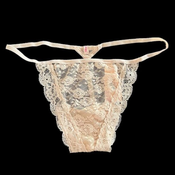 Victoria's Secret RARE Hard to find floral lace V-string Panty One Size Beige M - Picture 1 of 4
